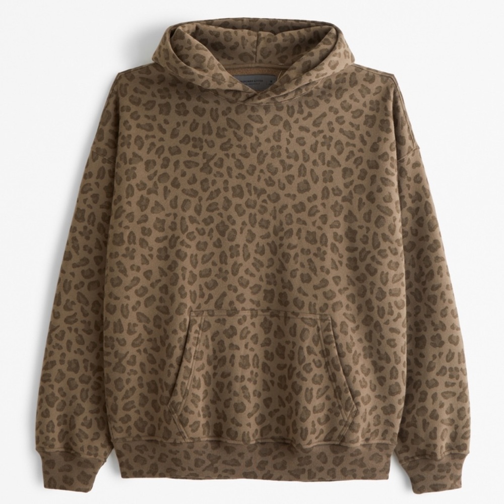 Abercrombie Essential Popover Oversized Hoodie Brown Leopard Animal Print Large